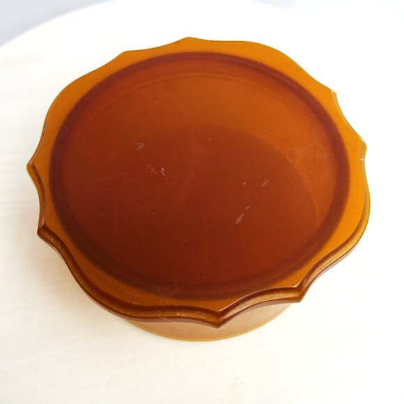 Vintage Amber Celluloid Vanity Powder Trinket Box Butterscotch Scalloped Edge - Picture 6 of 10